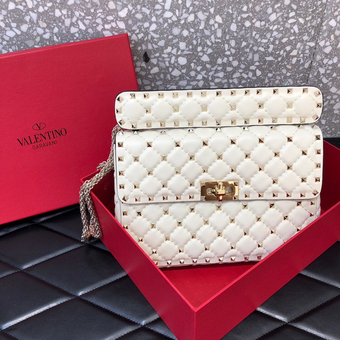 Valentino Garavani Rockstud Spike Medium Chain Bag in Ivory Supple Lambskin Nappa